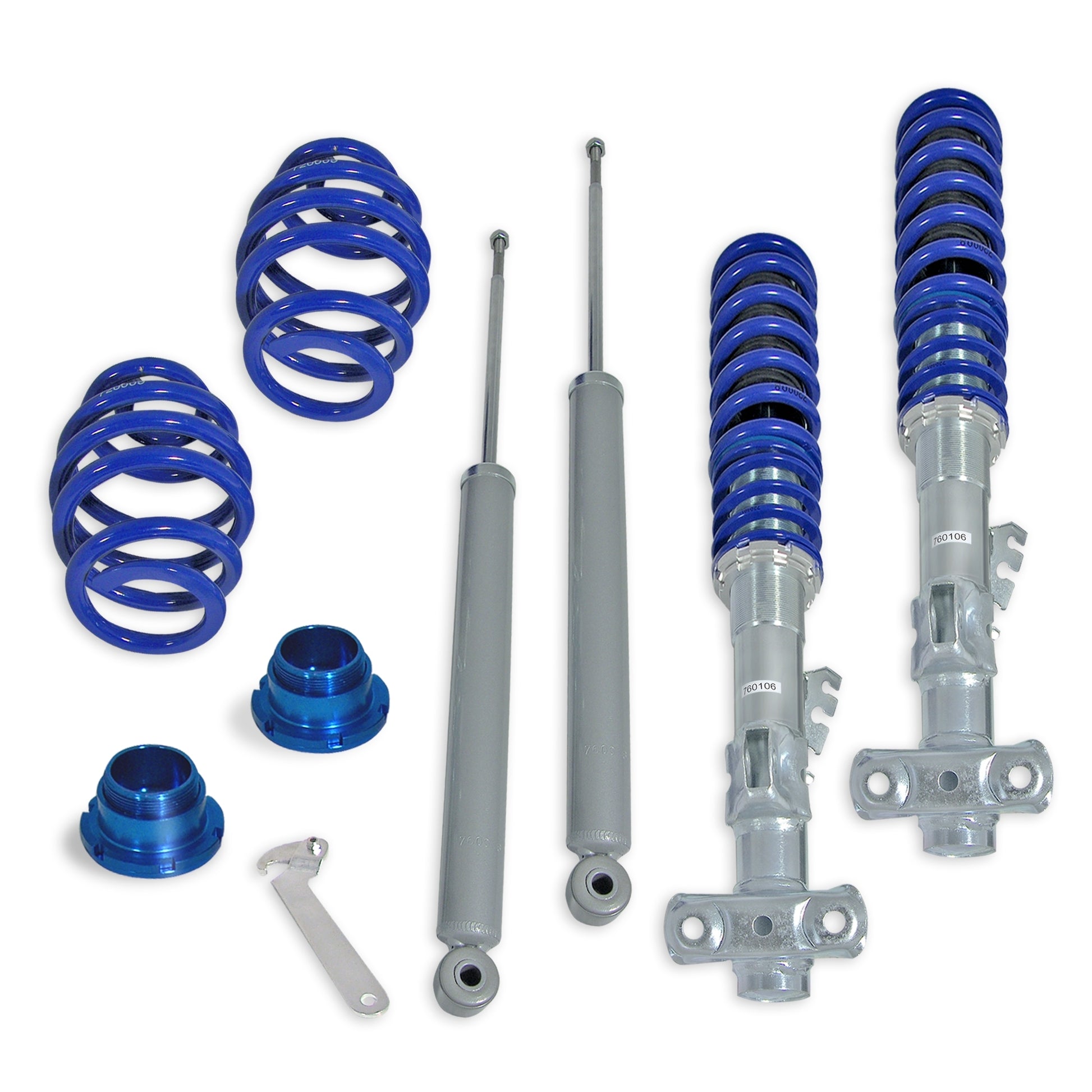 JOM BlueLine coilover kit for BMW E36 4-cylinder and 6-cylinder — front and rear strut with spring